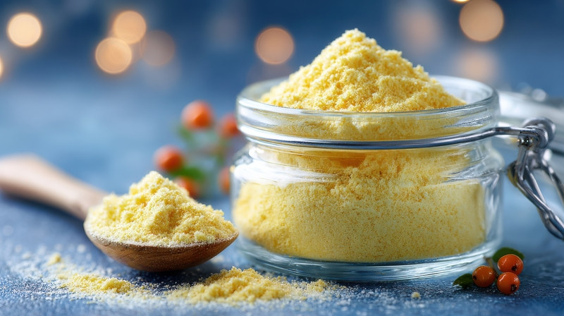 Berberine powder in glass jar with wooden scoop on blue surface