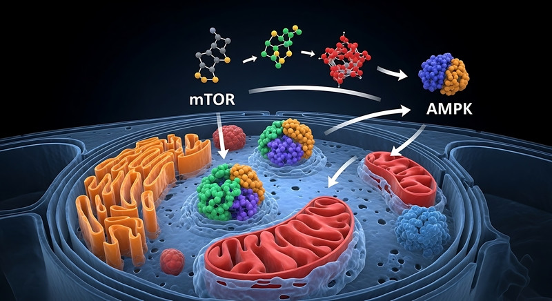 Cellular Pathways Illustration of mTOR and AMPK Signaling