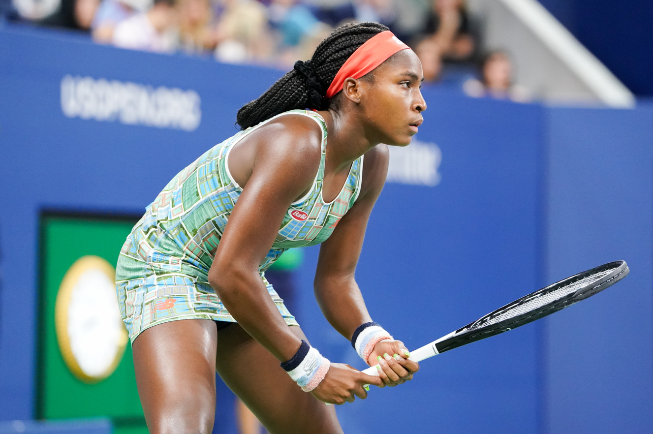 Professional tennis player 15-year-old Coco Gauff of United States in action during her 2019 US Open first round match 